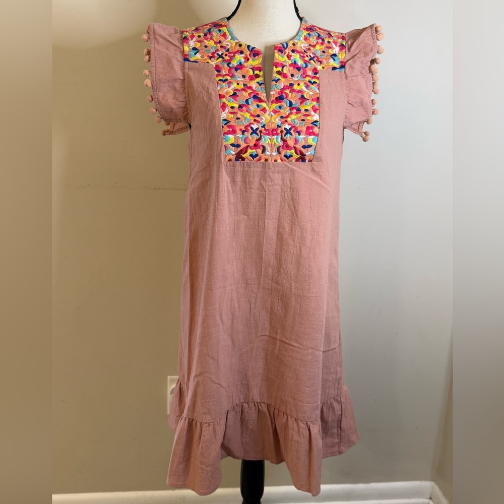 Kirundo pink embroidered pom pom midi sheath dress SZ SM